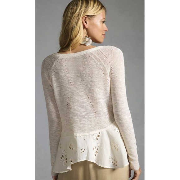 Anthropologie Eyelet Hem Cotton Cardigan Sweater Ivory Dainty Feminine Cottage M - Picture 3 of 15